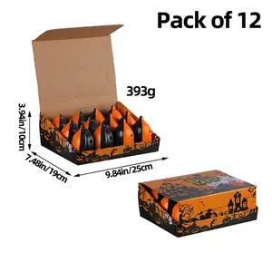 12er-Set Halloween LED-Kürbislichter in einer Displaybox mit Größenangaben