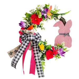 Exklusiver Osterkranz mit Kaninchen-Holzschild und bunten Kunstblumen für die Tür