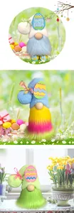 Gnomes de Pâques en peluche colorés avec chapeaux à motifs d'œufs et longues barbes vives.