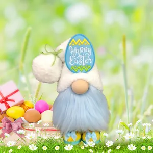 Gnome de Pâques en peluche avec barbe bleue et chapeau Happy Easter pour décoration de printemps