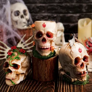 Ornements de crâne d'Halloween en résine avec motifs de rose et de hache pour décor effrayant