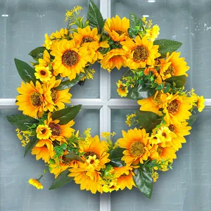 Couronne de tournesols artificiels pour décoration de porte et murale printanière.