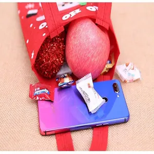 Red Christmas gift bag filled with an apple and candy showing storage capacity