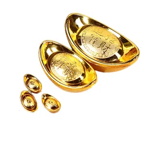Traditional set of 5 golden Chinese sycee Yuanbao decorations for wealth and prosperity luck