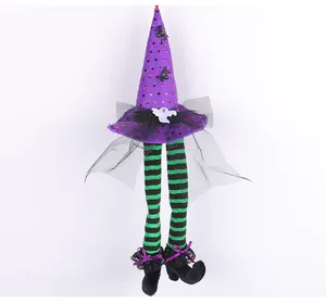 Halloween Hexenhut Dekoration zum Aufhängen mit gestreiften langen Beinen und Pailletten.
