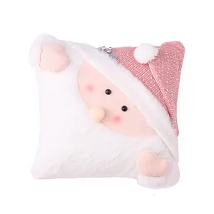 Funda de cojín navideña rosa con linda cara de Papá Noel en 3D y decoración de barba blanca