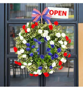 Detailed view of patriotic Independence Day wreath with red white and blue flowers