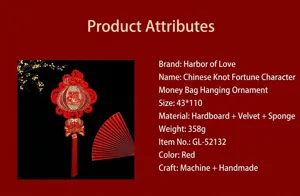 Product specifications for traditional red Chinese knot ornament with Fu character bag
