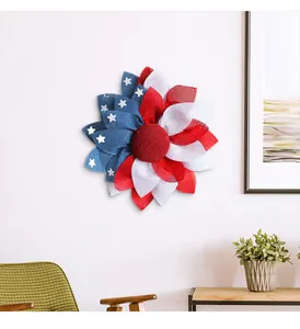 Patriotic burlap flower wreath with US flag stars for Independence Day wall decoration.