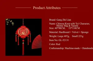 Detailed specifications for traditional Chinese Fu character knot pendant in red.