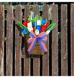 Patriotic Independence Day tulip wall hanging basket with red, white, and blue flowers