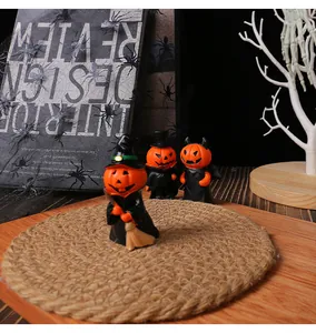 Mini resin Halloween pumpkin figurines set including witch, gentleman and devil styles.
