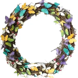 Corona de mariposas artificiales coloridas sobre base de ramas rústicas para decoración