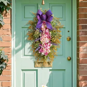 Artificial Purple Hydrangea Teardrop Wreath With Large Bow Floral Door Swag For Home Front Door Wall Hanging Decoration