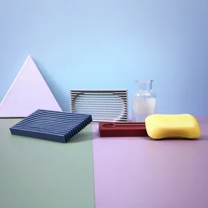 Modern silicone self-draining soap dish set in multiple colors for bathroom sink organization