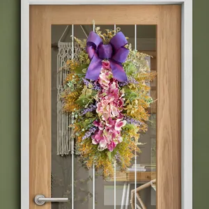 Elegant purple hydrangea artificial door swag wreath with large silk bow for home decoration
