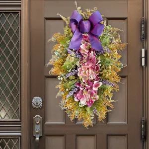 Artificial purple hydrangea teardrop door wreath with large bow for home decoration
