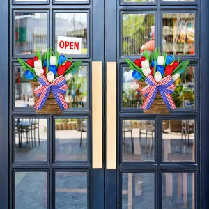 Independence Day Tulip Wall Hanging Decoration Red White Blue Artificial Flower Wreath With Patriotic Bow For Home Door Party
