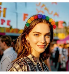 Kleurrijke glitter pompon hoofdband op een model tijdens een feestelijk carnaval event