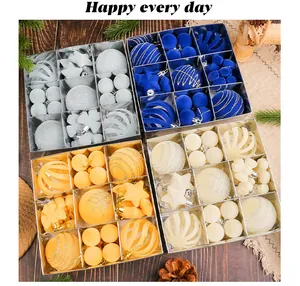 Multiple sets of 35-piece flocked Christmas ornaments in blue, grey, orange, and white