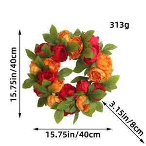 Vibrant red and orange artificial peony flower wreath 40cm for wedding and home decoration