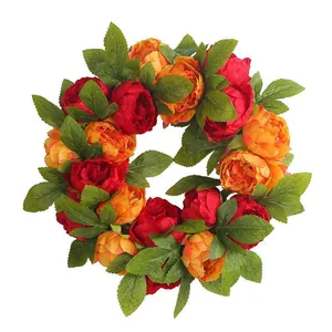 Artificial red and orange peony wreath for wedding and window display decoration