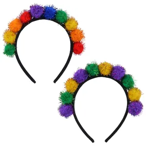 Kleurrijke glitter pompon hoofdbanden voor carnaval, set van twee feestaccessoires.