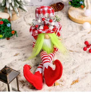 Festive Christmas long-legged gnome doll with green beard and red checkered hat