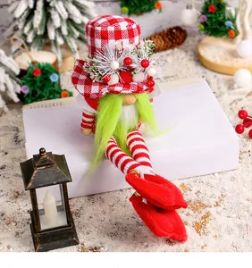 Festive Christmas long-legged gnome doll with green beard and red checkered hat ornament