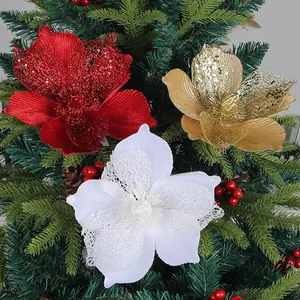Artificial Christmas Flowers Glitter Cloth Poinsettia Hollow Lace Ornaments For Tree Holiday Home Decoration Festive Shiny
