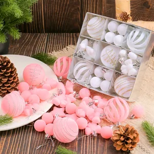 35pcs pink and white flocked Christmas ball ornaments set in gift box