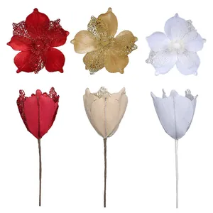 Artificial glitter Christmas flowers in red, gold, and white set for holiday tree decoration