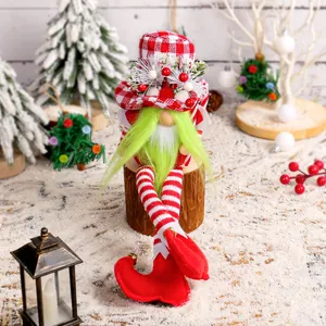 Christmas Long Legged Gnome Doll Red White Plaid Hat Green Beard Faceless Swedish Tomte Nisse Figurine Xmas Home Decor Ornament