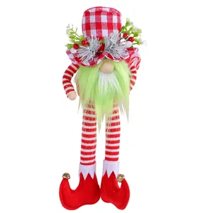 Christmas gnome doll with long legs, green beard, and red checkered hat.