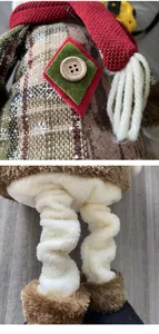 Close-up detail of a standing Santa Claus plush doll with knitted scarf and fur boots