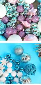 Detailed view of mixed Christmas ball ornaments in blue, pink, and silver glitter finish.