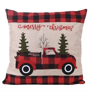 Funda de Almohada de Navidad Cuadros Buffalo Rojos y Negros Camión Funda de Cojín Decorativa Efecto Lino Poliéster Estampado Feliz Navidad