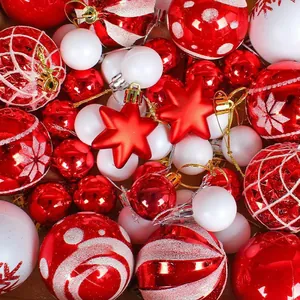 Festive red and white Christmas ball ornament set with snowflake and glitter patterns