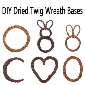 Assorted natural brown grapevine wreaths for DIY crafts in bunny heart and round shapes