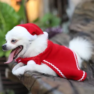 Festive red dog Christmas cloak and hat set for small pets festive holiday costume