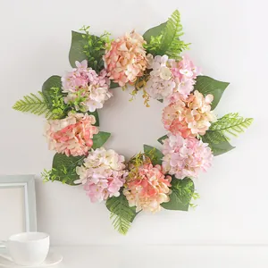Elegant artificial pink and cream hydrangea wreath for spring door and wall decoration