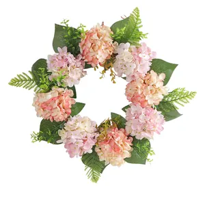 Decorative artificial pink hydrangea wreath for front door wall hanging decor