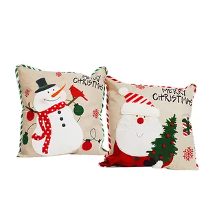 Federe per cuscini natalizi in lino con Babbo Natale e pupazzo di neve decorativi