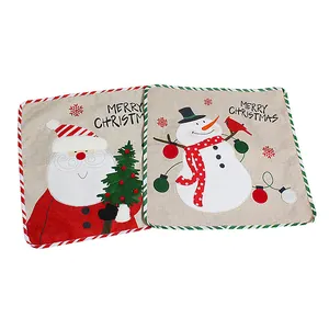 Federe natalizie in lino con Babbo Natale, pupazzo di neve e scritta Merry Christmas