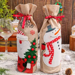 Christmas burlap wine bottle bags with Santa Claus and Snowman festive table decorations
