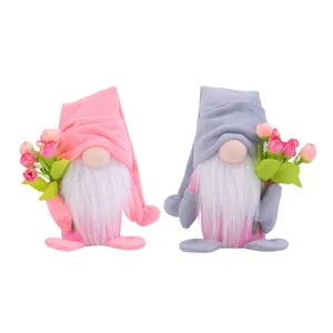 Plush Valentine's Day gnomes set with pink tulip bouquets for home decor