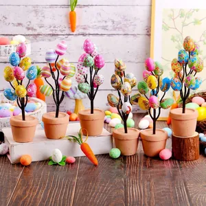 Planta en Maceta de Huevo de Pascua Adorno de Escritorio Dibujos Animados Estampado Conejo Pollito Flor Árbol de Huevos para Hogar Oficina Decoración de Fiesta de Pascua