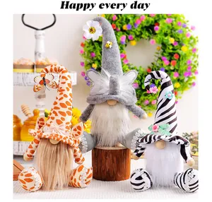 Close-up view of three cute animal-themed faceless gnomes for festive holiday home decor.