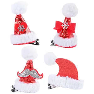 Lot de 4 barrettes à cheveux bonnet de Noël en paillettes rouges avec des flocons.