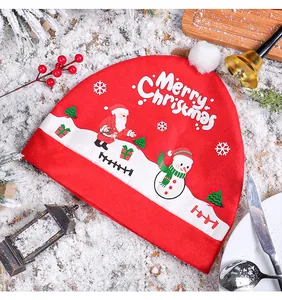 Detail of festive red Christmas car headrest cover featuring Santa and snowman print
